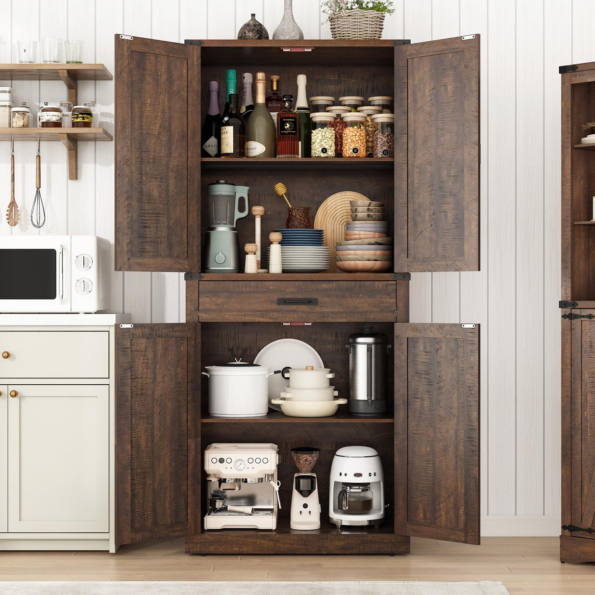 Hlivelood 72" Tall Farmhouse Kitchen Pantry Cabinet with Drawer, Rustic Wood Cupboard Storage Cabinet w/Organizer and 4 Barn Doors, Storage Cabinet for Kitchen, Dining Room, Living Room, Brown Hlivelood