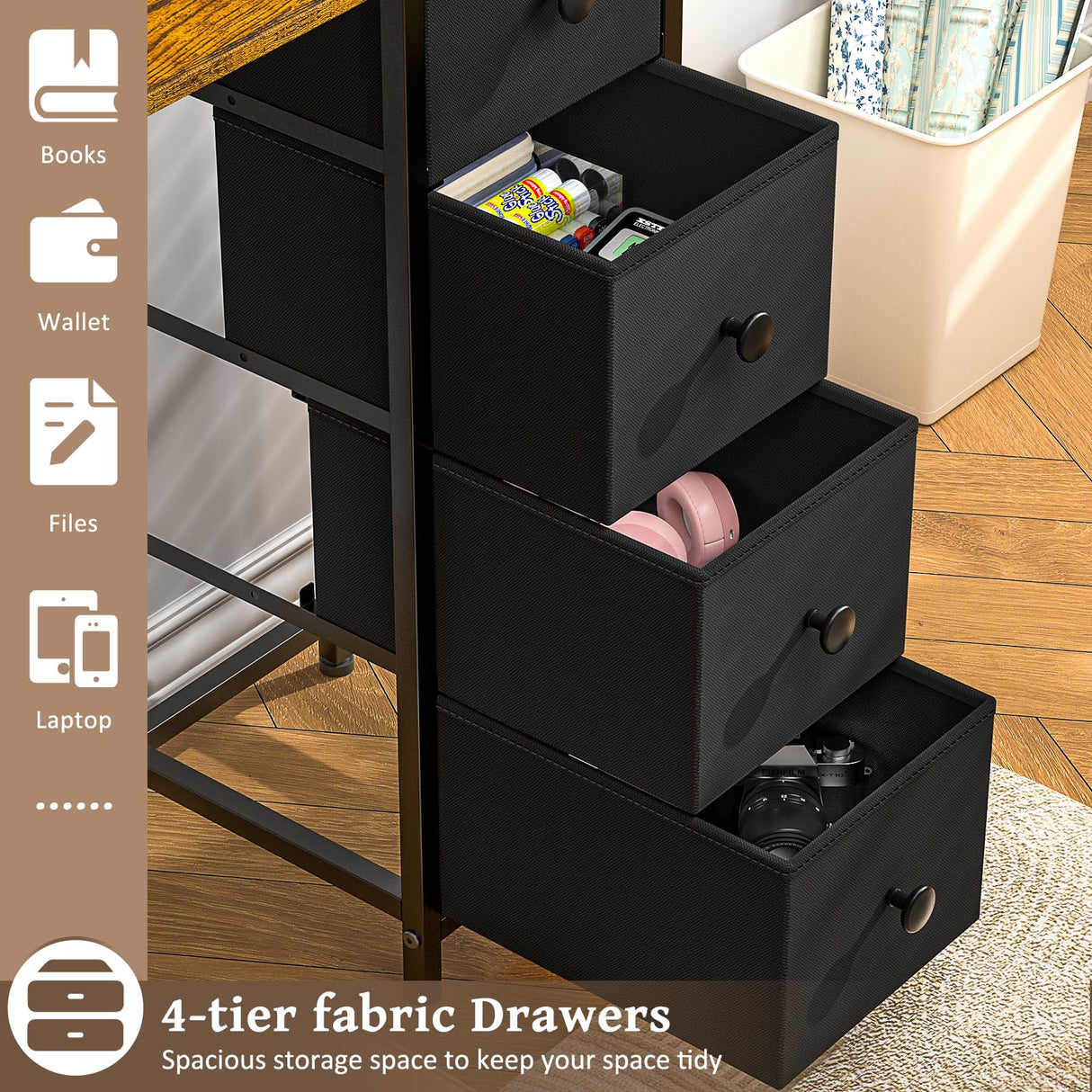 DAOUTIME Computer Desk with 4 Fabric Drawers, 35.4 Inch Small Home Office Writing Desk, Simple Table PC Desk for Small Places, Kids Girls Teen Study Writing Desk for Bedroom Dorm Rustic Brown DAOUTIME