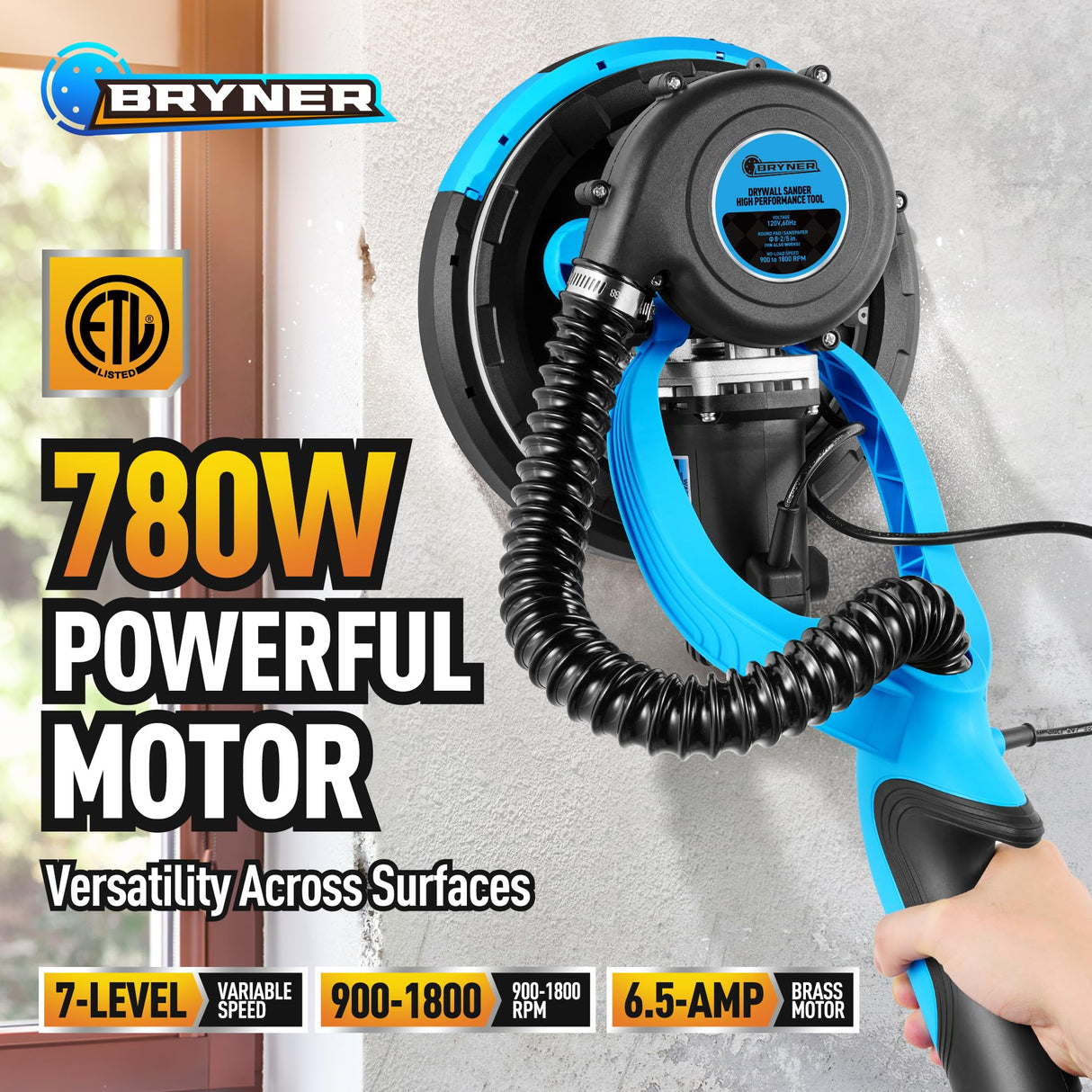 Drywall Sander, 𝟐𝟎𝟐𝟓 𝐔𝐩𝐠𝐫𝐚𝐝𝐞𝐝 Electric Drywall Sander with Vacuum Labor-Saving Back Belt，7 Variable Speed, LED Light, 900-1800RPM for Popcorn Ceiling, Wood Floor Bryner