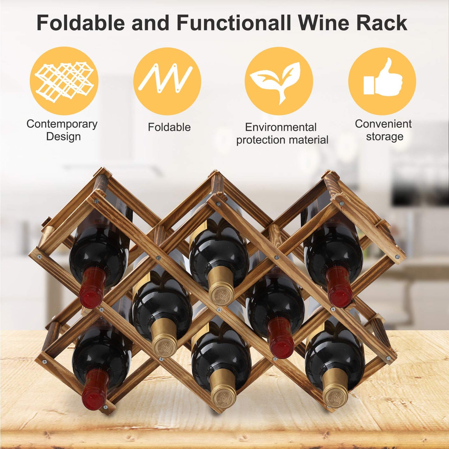 GADIEDIE Wine Rack,10 Bottles Foldable Free Standing Wooden Wine Rack,Countertop Wine Racks,Storage Wine Rack for Kitchen, Bars, Pantry, Wine Storage cabinets,Carbonized Wood Color - WoodArtSupply