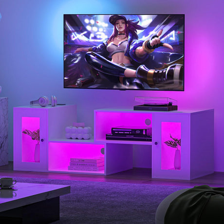 VECELO LED TV Stand for Televisions up to 70 Inchs Media Console with 23 Flashing Options and 4 Customizable Modes for Living Room, Bedroom, White VECELO
