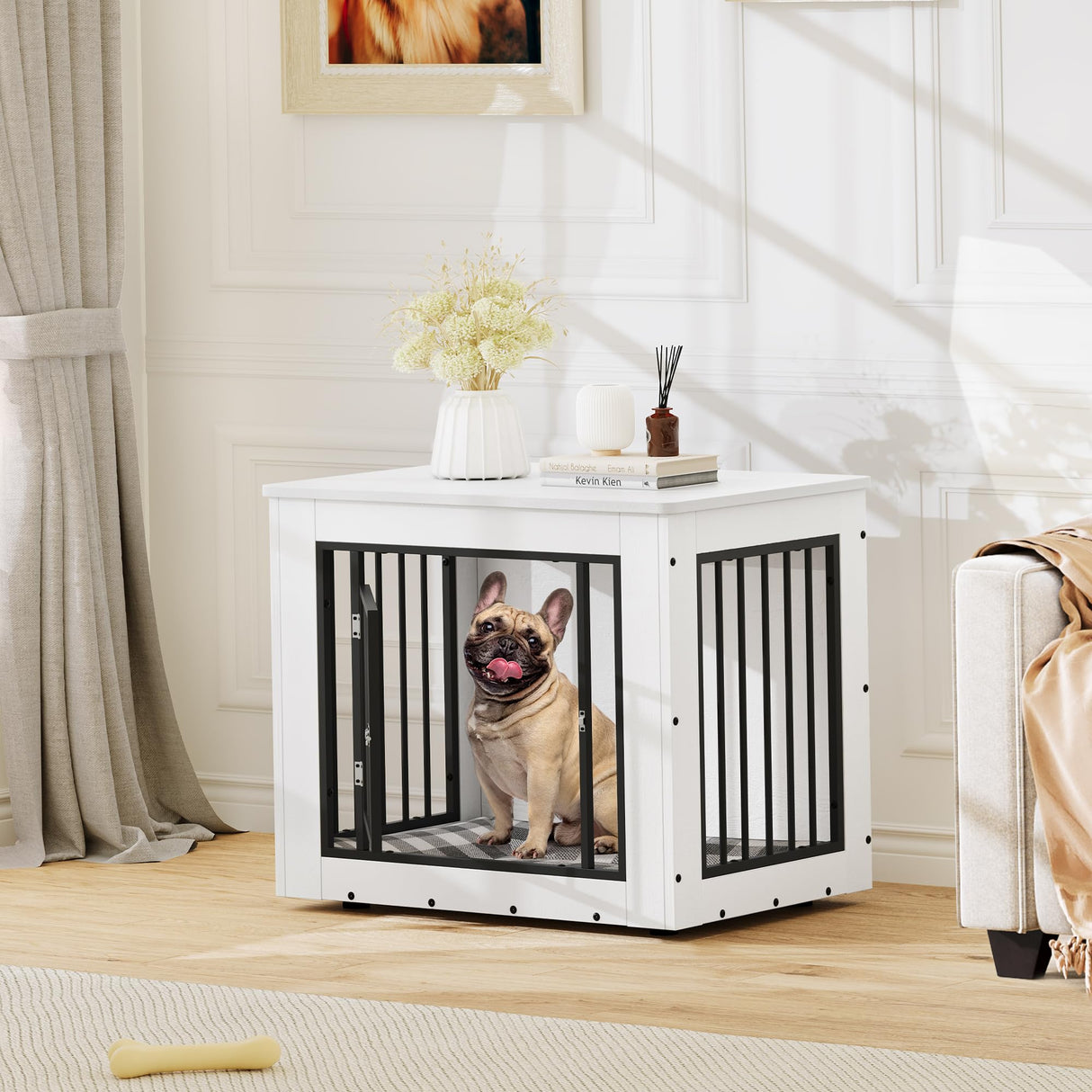 YITAHOME 30.1" L Dog Crate Furniture for Medium Dogs, 2-in-1 Iron-Wood Fusion Dog cage Indoor up to 35 lb, Side End Table, Modern Dogs Kennel with Waterproof Top, Safety Corners,Steel Lock,White YITAHOME