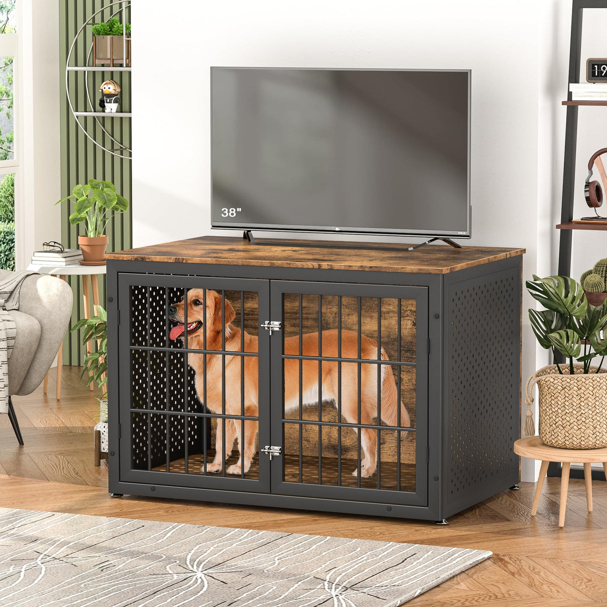rehomerance Rustic Heavy Duty Dog Crate Furniture for Extra Large Dogs, 48" Indestructible Metal Kennel for High Anxiety Dogs, Wooden Cage Kennel Furniture Indoor, Decorative Dog Kennel End Table, XL rehomerance