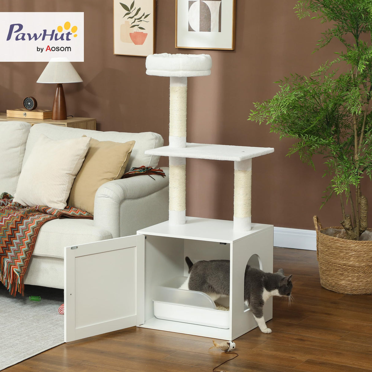 PawHut Cat Tree with Litter Box Enclosure, 2-in-1 Cat Tower for Indoor Kittens with Scratching Posts, Bed, Climbing Platforms, Modern Style Pet Furniture, White PawHut