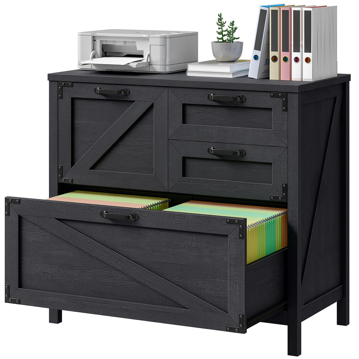 4-Drawer Wood Lateral File Cabinet for Hanging Files Letter/A4/Legal Size, Large Farmhouse File Cabinets for Home Office, Printer Stand with Office Cabinet, Black Vabches