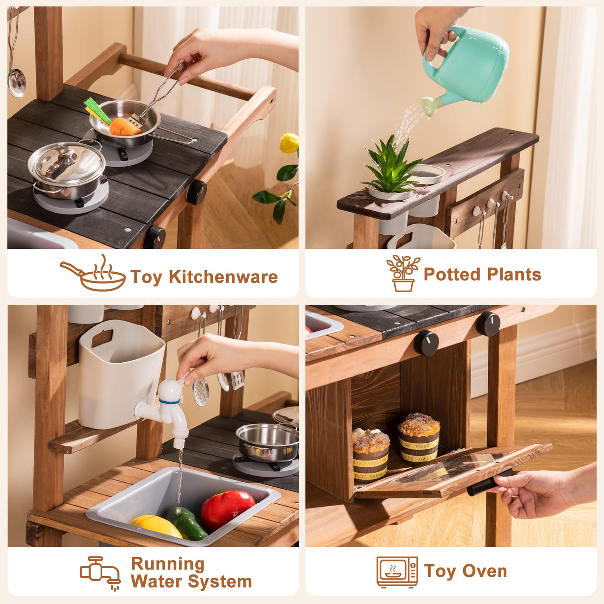 ROBUD Mud Kitchen for Kids Outdoor with Wheels, Wooden Outdoor Play Kitchen, Kids Mud Kitchen with Removable Sink & Faucet, Monteeori Toys for Children Ages 3+ Years, WG403 ROBUD