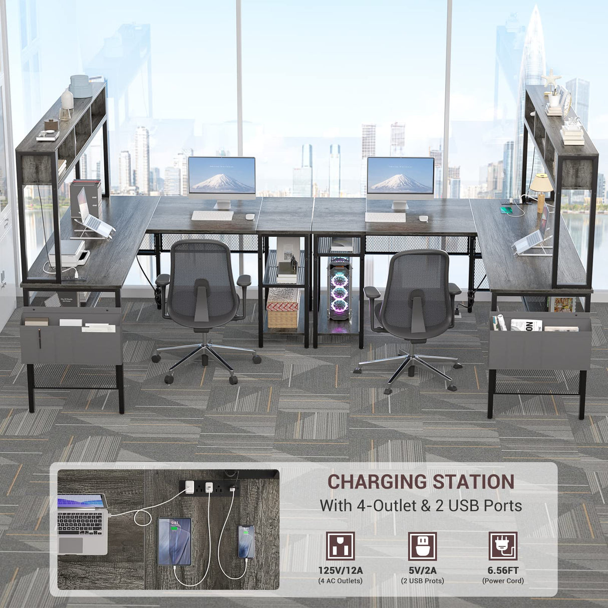 Aheaplus 55 Inch L-Shaped Gaming Desk with LED Lights & Power Outlets in Black Oak Aheaplus