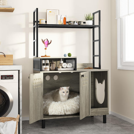 YITAHOME Cat Litter Box Enclosure with Shelves Storage, 54" Hidden Litter Box Furniture with Cat Bowl and Cat Litter Mat, Grey YITAHOME