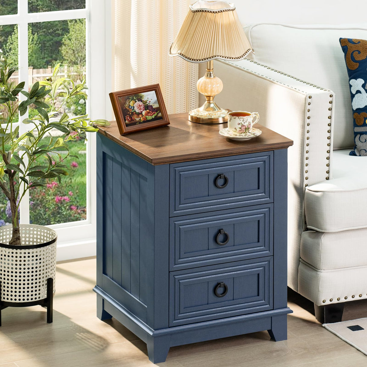 Joaxswe Night Stand Set of 2, Farmhouse 18" End Table with 3 Drawer Metal Handle, Dresser for Bedroom, Sofa Bed Side Table Chest of Drawers,Wood Nightstand Cabinet for Organizer, Living Room-Blue Joaxswe