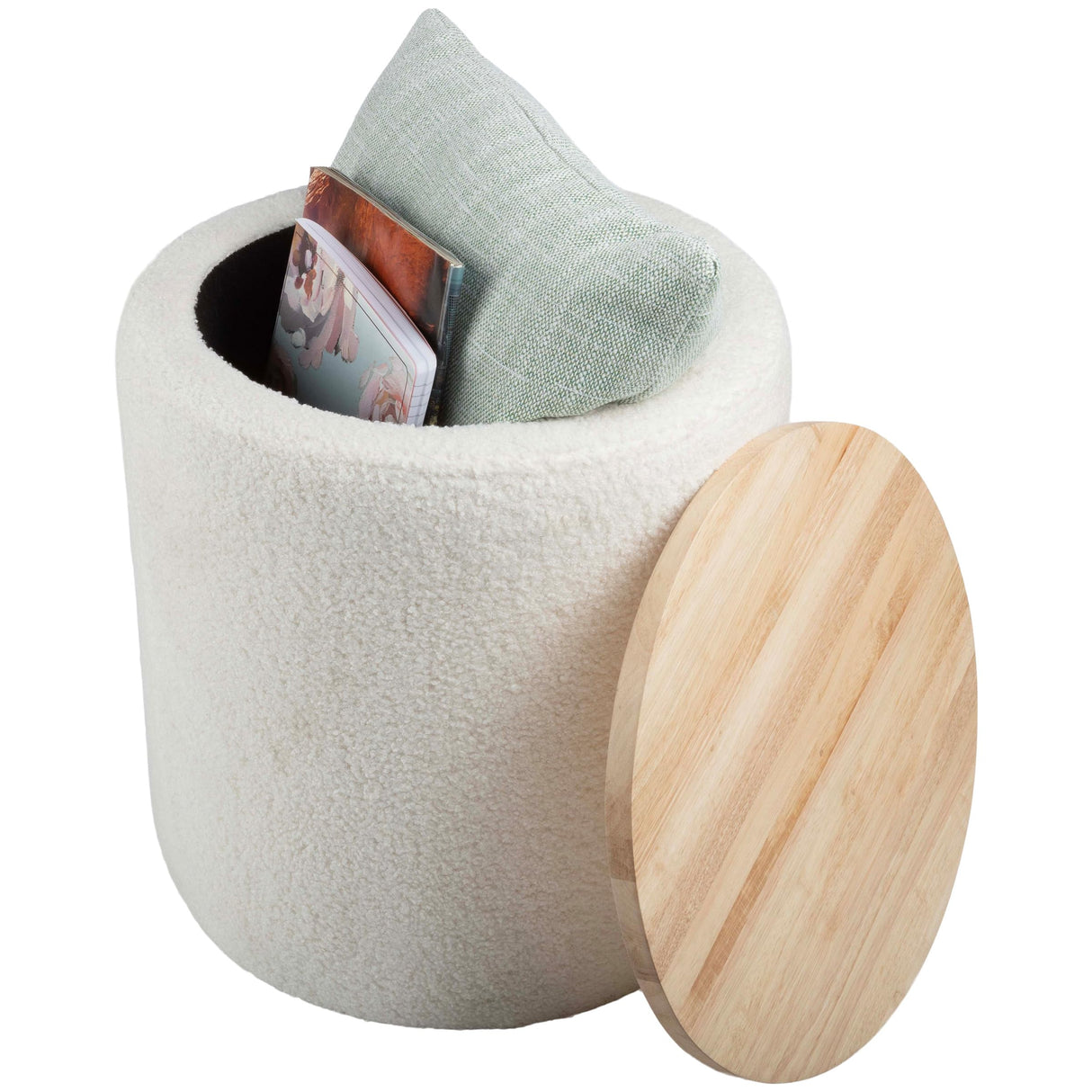 Lavish Home Storage Ottoman - Teddy Fabric Upholstered Ottoman with Wood Top for Living Room, Dorm, or Apartment - Ottomans with Storage (Cream) Lavish Home