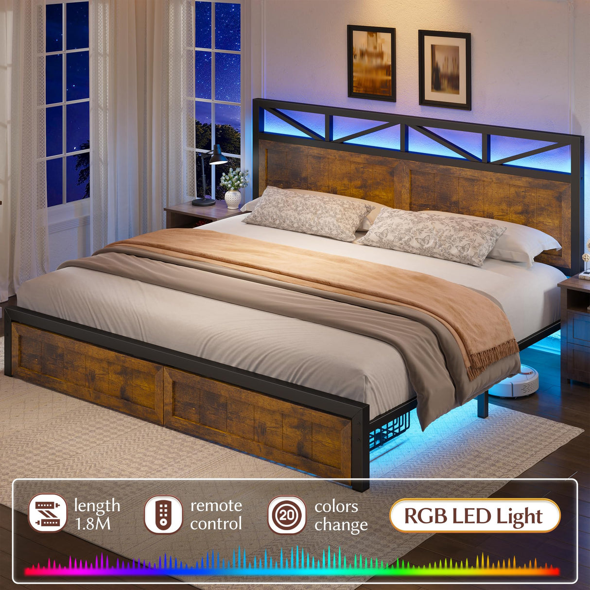 EnHomee Farmhouse King Size Bed Frame with 2 Storage Drawers & LED, Metal King Bed Frame Built in Charging Station,NO Noise,No Box Spring Needed,Brown EnHomee