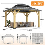 GARTOO 10' x 12' Outdoor Wooden Gazebo - Patio Hardtop Gazebo Permanent Wooden Pavilion with Galvanized Steel Double Roof, Cedar Wood Gazebos for Garden, Lawn, Poolside, Backyard Deck GARTOO