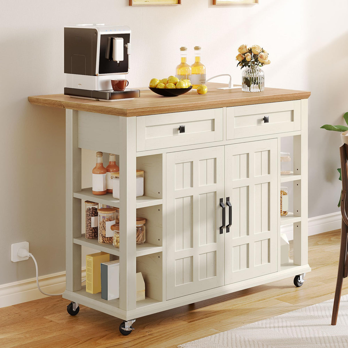 YITAHOME Kitchen Island with Drop Leaf, Mobile Storage Island with Power Outlet, Americana Rolling Kitchen Carts with Storage Shelves and Drawers, Island Table on Wheels for Dining Room, Beige YITAHOME