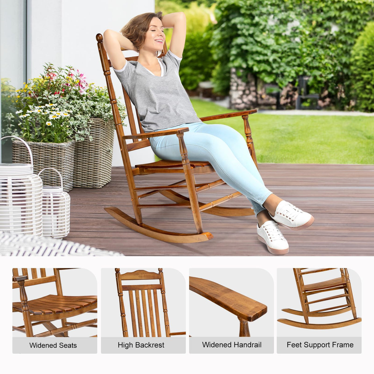 VINGLI Wooden Rocking Chair Outdoor, Patio Rockers with High Back, Support 450 LBS Rocking Chairs, for Porch, Patio, Balcony, Garden, Yard (Oak, 1 PC) VINGLI