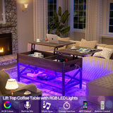 Aheaplus Coffee Table, Lift Top Coffee Table with LED light and Power Outlet, Modern Lift-Top Table with Storage Shelf, Center Table for Living Room with Lift Tabletop, X Support Metal Frame, Espresso Aheaplus