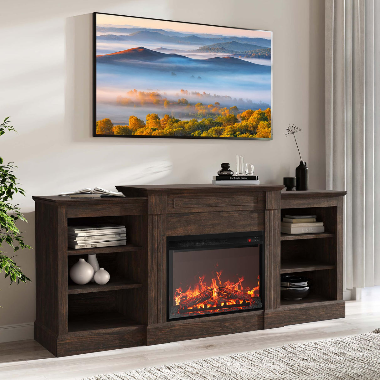 BELLEZE Modern 66" Electric Fireplace Heater Mantel TV Stand & Media Entertainment Center for TVs up to 66" with Energy-Efficient Heater With Sound and Side Shelves - Lenore (Brown) BELLEZE