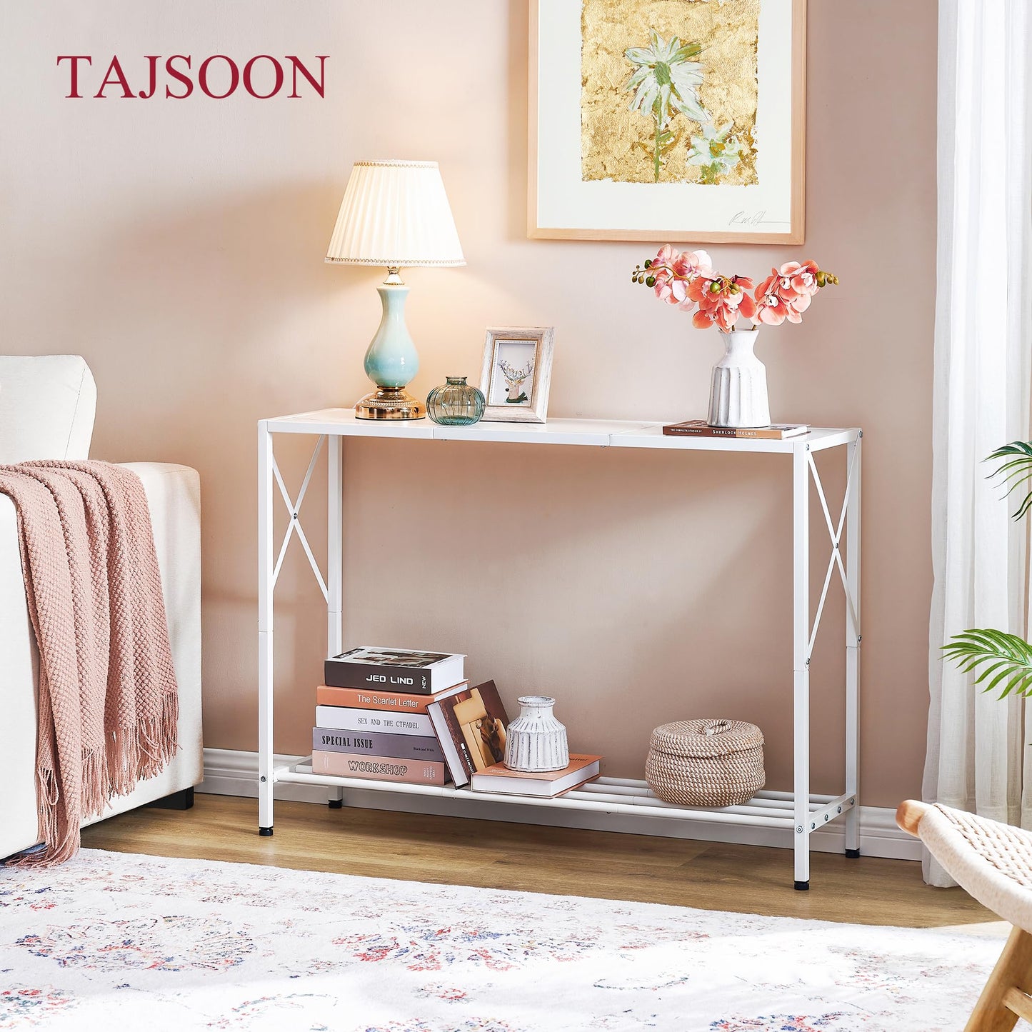 Tajsoon Console Table 41.8”, 2-Tier Entryway Table Narrow Sofa Table with Shelves, Entrance Table with Stable X-Frame, for Entryway, Hallway, Living Room, Foyer, Corridor, Office, White