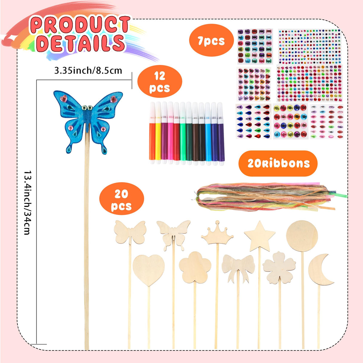 Kugliwa 59 Pcs Princess Fairy Wands Craft Kit DIY Wooden Fairy Wands Include 20 Unfinished Fairy Wands 7 Gem Stickers 20 Ribbons 12 Markers for Birthday Party Supply Kugliwa