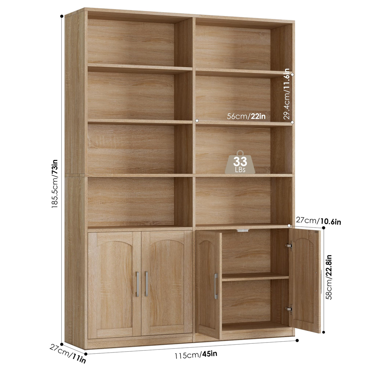 FACBOTALL Bookshelf and Bookcase with Doors, 6 Tier Double Wide Large Bookshelves, Open Display Shelves, 73'' Tall Bookcases for Home Office, Living Room, Library, Oak FACBOTALL