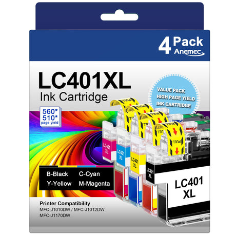 LC401XL Ink Cartridges for Brother Printer High Yield Replacement for Brother LC401 XL Ink Cartridges Work with Brother MFC-J1010DW MFC-J1012DW MFC-J1170DW Printer (4 Pack，Black Cyan Magenta Yellow) Anemec