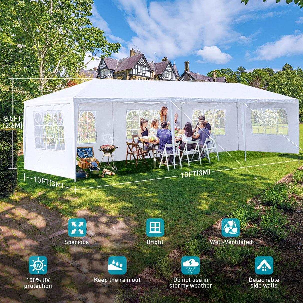 10x30 Party Tent, Outdoor Tents for Parties, White Wedding Tent, Event Tent, Large Canopy Tent with 5 Removable Sidewalls, Big Gazebo Tent for Backyard, Garden ANTSKU