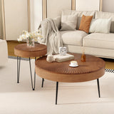 COSTWAY Farmhouse Round Coffee Table Set of 2, Rustic Sofa Side Tea Tables w/Wood Finish, Metal Frame, Adjustable Foot Pads, Nesting End Table Set for Living Room, Bedroom (Radial Pattern, Brown) COSTWAY