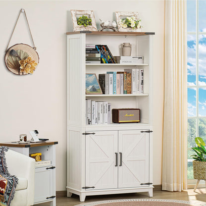 Joaxswe 5 Tier White Farmhouse Bookshelf with Barn Doors and Storage Cabinet - WoodArtSupply