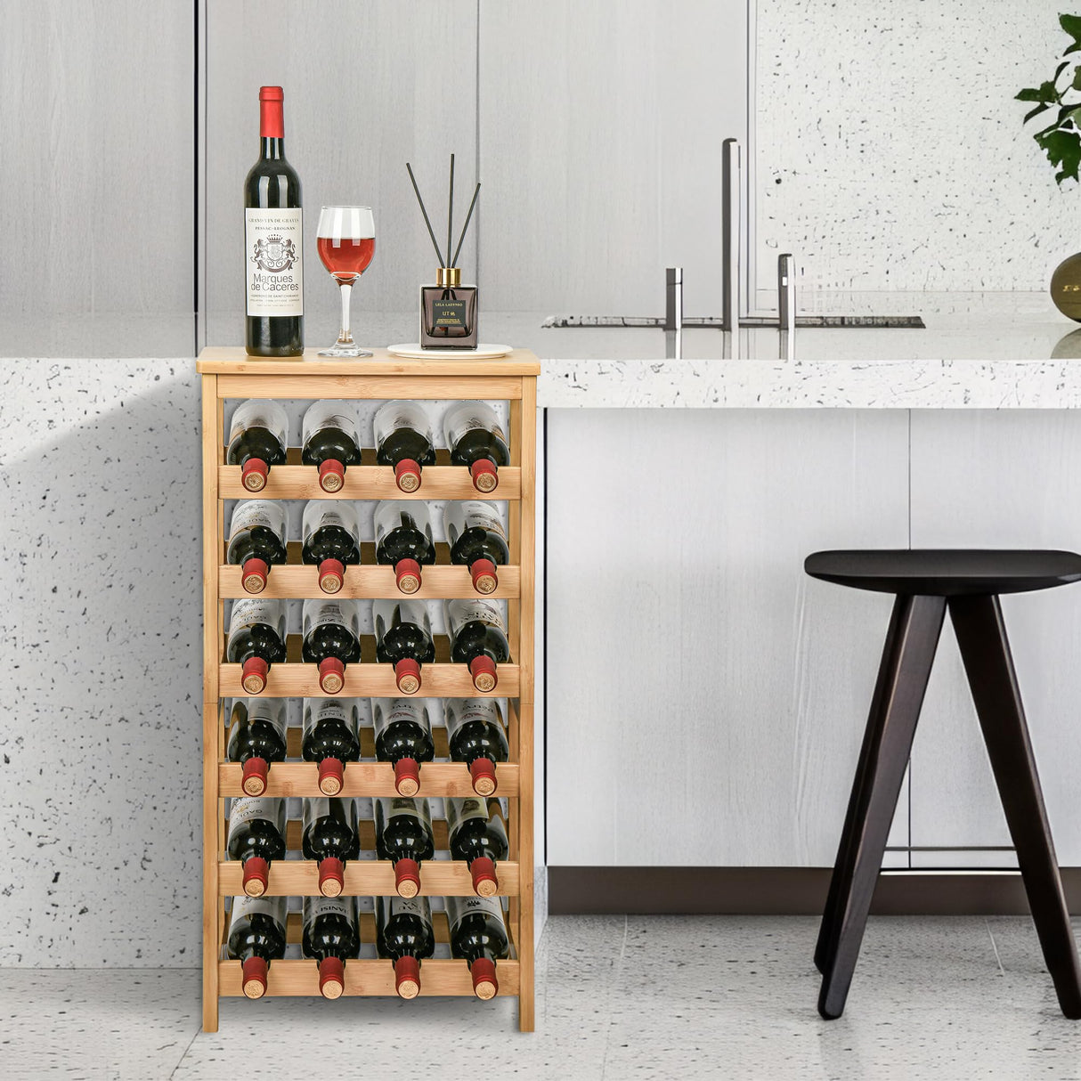 VASMIA Wine Rack Free Standing Floor, 6-Tier Display Wine Storage Shelves with Table Top, 24-Bottle Bamboo Wine Rack Shelf for Kitchen Bar Dining Room Living Room, Natural VASMIA