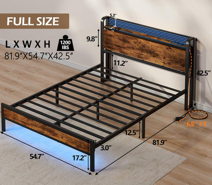 Furnulem Industrial Full Bed Frame with LED Lights & USB Charging Station - WoodArtSupply