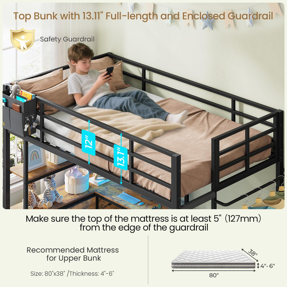 DICTAC Bunk Bed with L-Shaped Desk,5 Storage Drawers and 2 Shelves Metal Twin XL Over Twin Bunk Bed with LED Lights and Charging Station,bunk Beds with Safety Guardrail & Ladder,Space-Saving,Black DICTAC