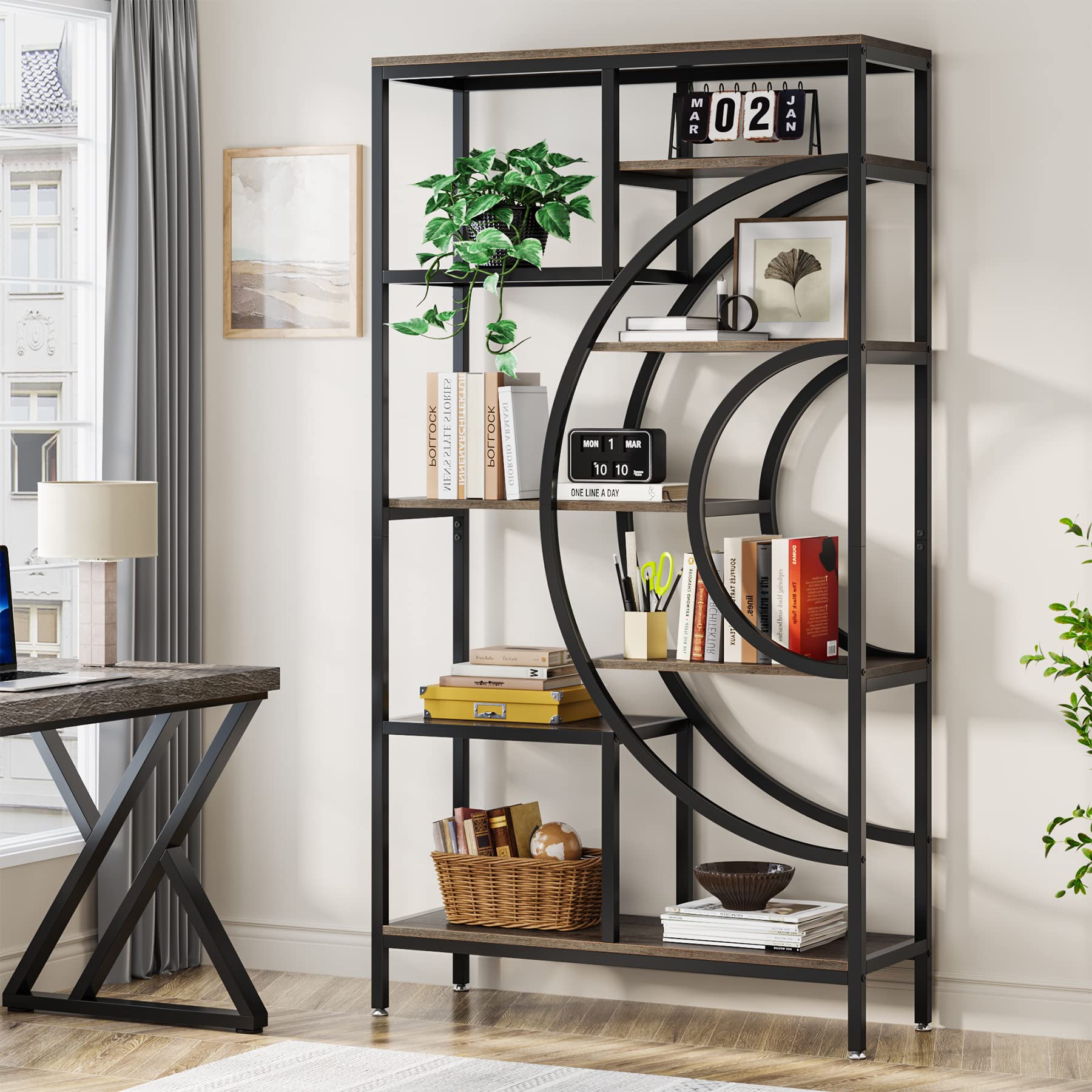 Tribesigns 71-Inch Geometric Industrial Bookcase with 8 Tiers and Metal Frame for Elegant Open Storage - WoodArtSupply