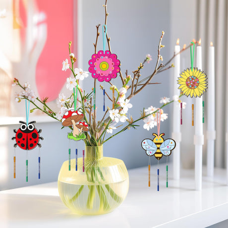 12 Pack Wind Chime Kit for Kids Make Your Own Wind Chime DIY Wood Arts and Crafts Decorative Coloring Wooden Hanging Ornaments for Girls Boys Home School Activity Party Supplies(Spring Flower Animal) TREACLUB