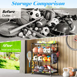 Jsskeeim Garage Sports Equipment Storage Rack,Wheeled Sports Ball Storage Bin,Garage Sports Equipment Organizer,Ball Organizer Toy Organizer with Baseball Bat Holder and Hooks-Black Jsskeeim