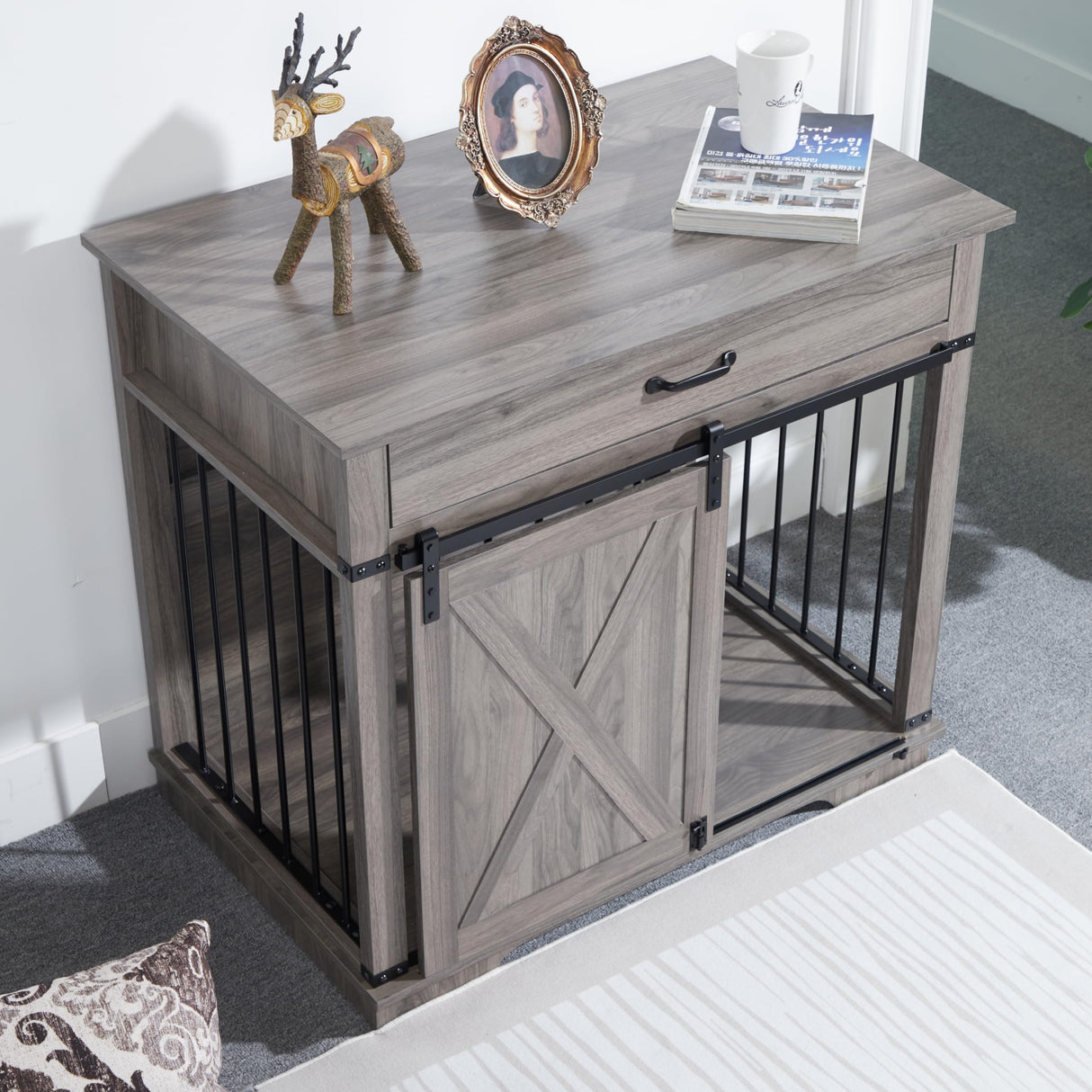 Wooden Dog Cage Furniture Style Farmhouse Dog Crate Side End Table Indoor Dog Kennel with Drawers Sliding Barn Door Cage for Dog, Waterproof, Resistant Scratch, All Breed Sizes Generic