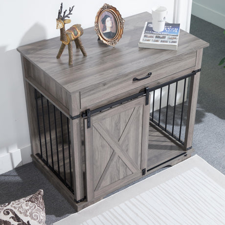Wooden Dog Cage Furniture Style Farmhouse Dog Crate Side End Table Indoor Dog Kennel with Drawers Sliding Barn Door Cage for Dog, Waterproof, Resistant Scratch, All Breed Sizes Generic