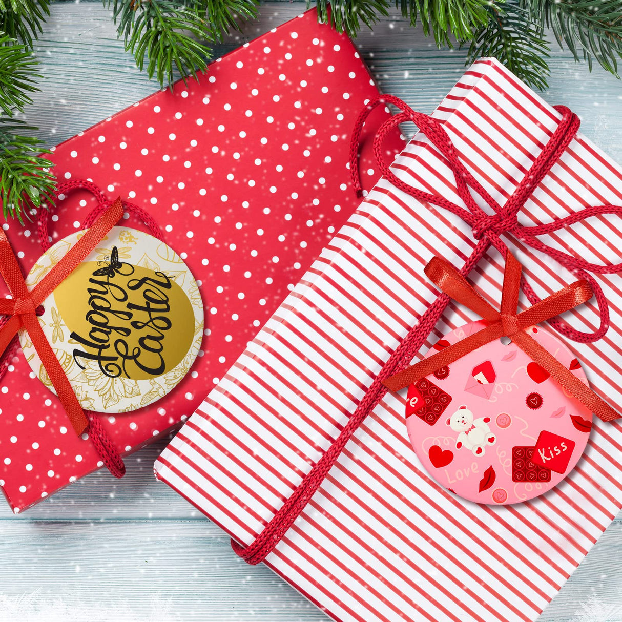 Sublimation Ceramic Ornaments 2.75 Inch Round White Ceramic Christmas Ornaments DIY Blank Hanging Ornaments Ceramic Personalized Tree Ornaments with Red Satin Ribbon (10 Pieces) Patelai