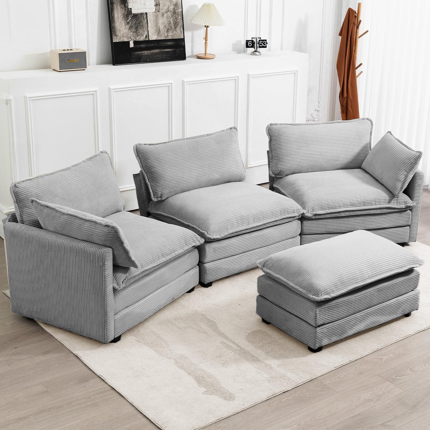 ROWHY Oversized Modular Sectional Sofa with Movable Ottoman, 112 Inch 4 Seat Modern Corduroy Sofa Set, Convertible L Shaped Couch for Living Room and Office, Light Grey