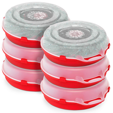 HOMZ 6-Pack Seasonal Holiday, Decorative Wreath Storage Organizer, 24 Inch, Red & Clear - Stackable Plastic Containers for Christmas Ornament Decorations HOMZ