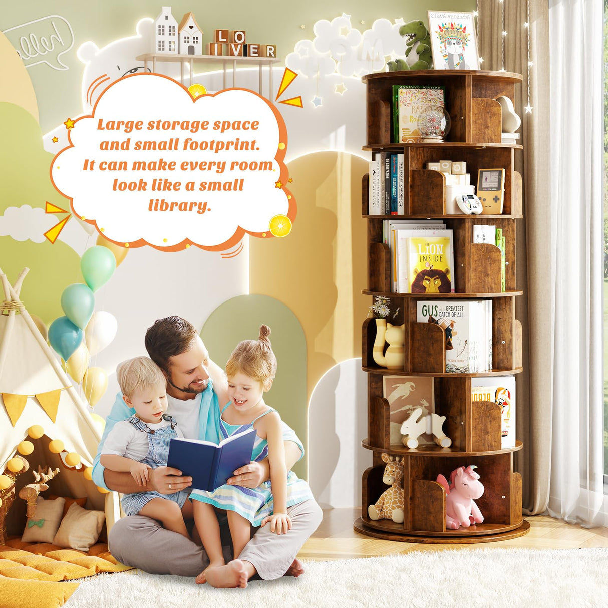 Aheaplus 6 Tier Rotating Bookshelf, Wood Spinning Bookshelf Tower, Round Revolving 360 Bookcase, Narrow Turning Book Shelf Rolling Corner Organizer for Small Space, Bedroom, Office, Rustic Brown Aheaplus