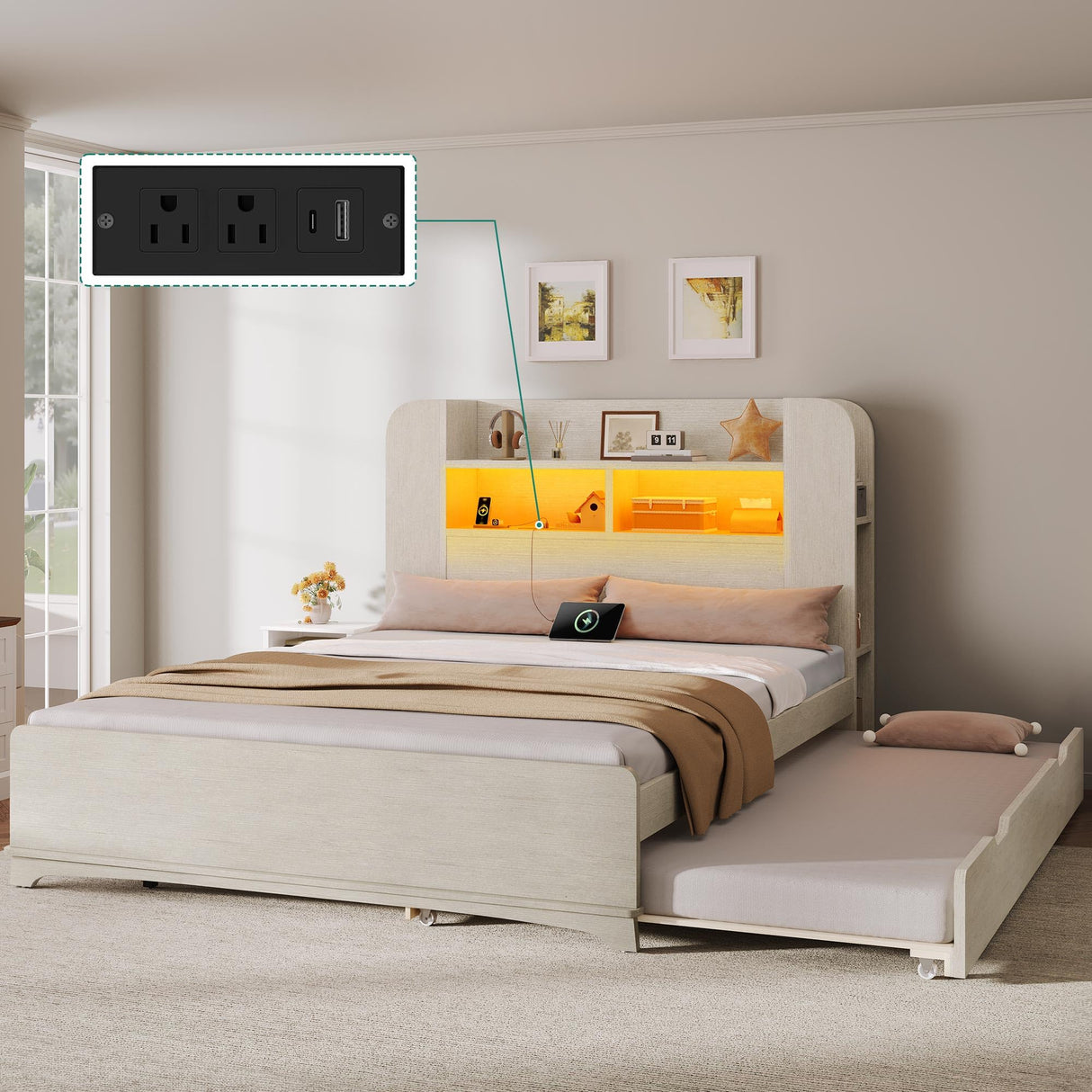 YITAHOME Beds with Trundle, Full Size Bed Frame with Bookcase Daybed Storage Headboard and Charging Station, RGB LED Lights Bed with Wooden Support for Bedroom, No Box Spring Needed, Noise Free, White YITAHOME