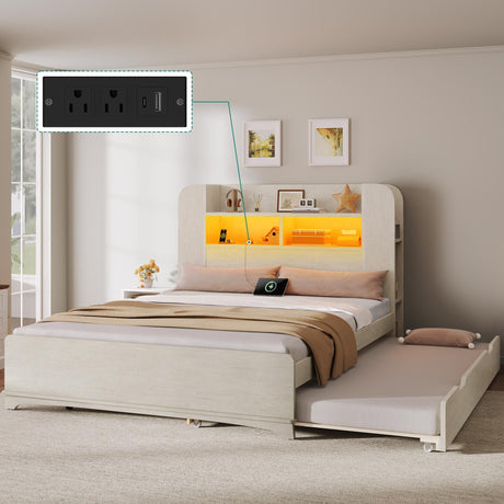 YITAHOME Beds with Trundle, Full Size Bed Frame with Bookcase Daybed Storage Headboard and Charging Station, RGB LED Lights Bed with Wooden Support for Bedroom, No Box Spring Needed, Noise Free, White YITAHOME