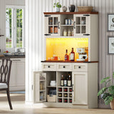 DWVO Coffee Bar Cabinet with Power Outlet/Lights, 72" Farmhouse Pantry Cabinet with Storage Shelves and 3 Drawers, Tall Liquor Cabinet Bar Cabinets for Home/Living Room, Antique White DWVO
