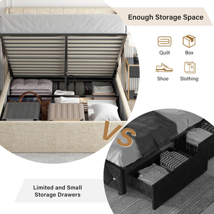 Catrimown Queen Size Lift Up Storage Bed, Upholstered Tufted Headboard, Hydraulic Storage, Wood Slats Support, No Box Spring Needed