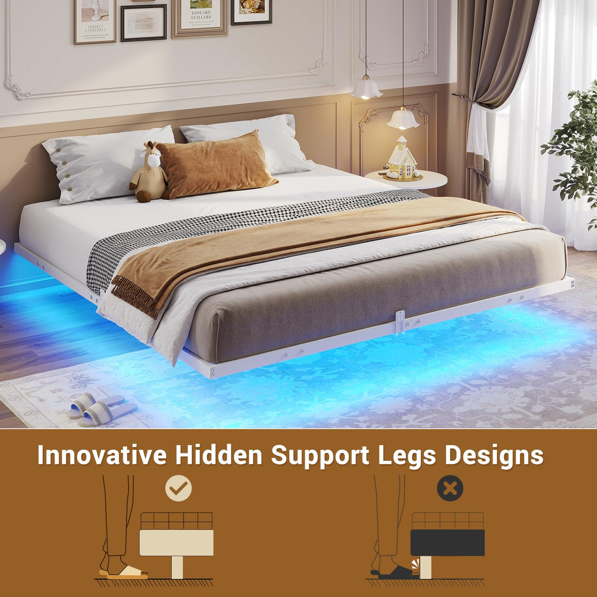 Hasuit King Size Floating Bed Frame with LED Lights - Metal Platform, Easy Assembly, No Box Spring Needed Hasuit
