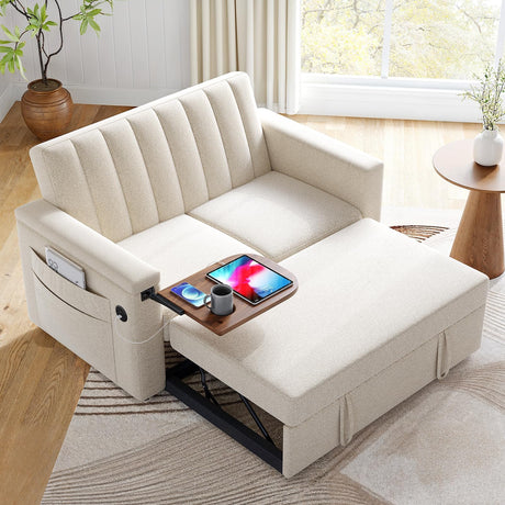 Marsail 3-in-1 Convertible Sofa Bed, 54" Sleeper Sofa with Solid Wood Side Table & Frame, Pull-Out Couch with USB Ports & Side Pockets, Loveseat Sofa with Adjustable Backrest, White Marsail