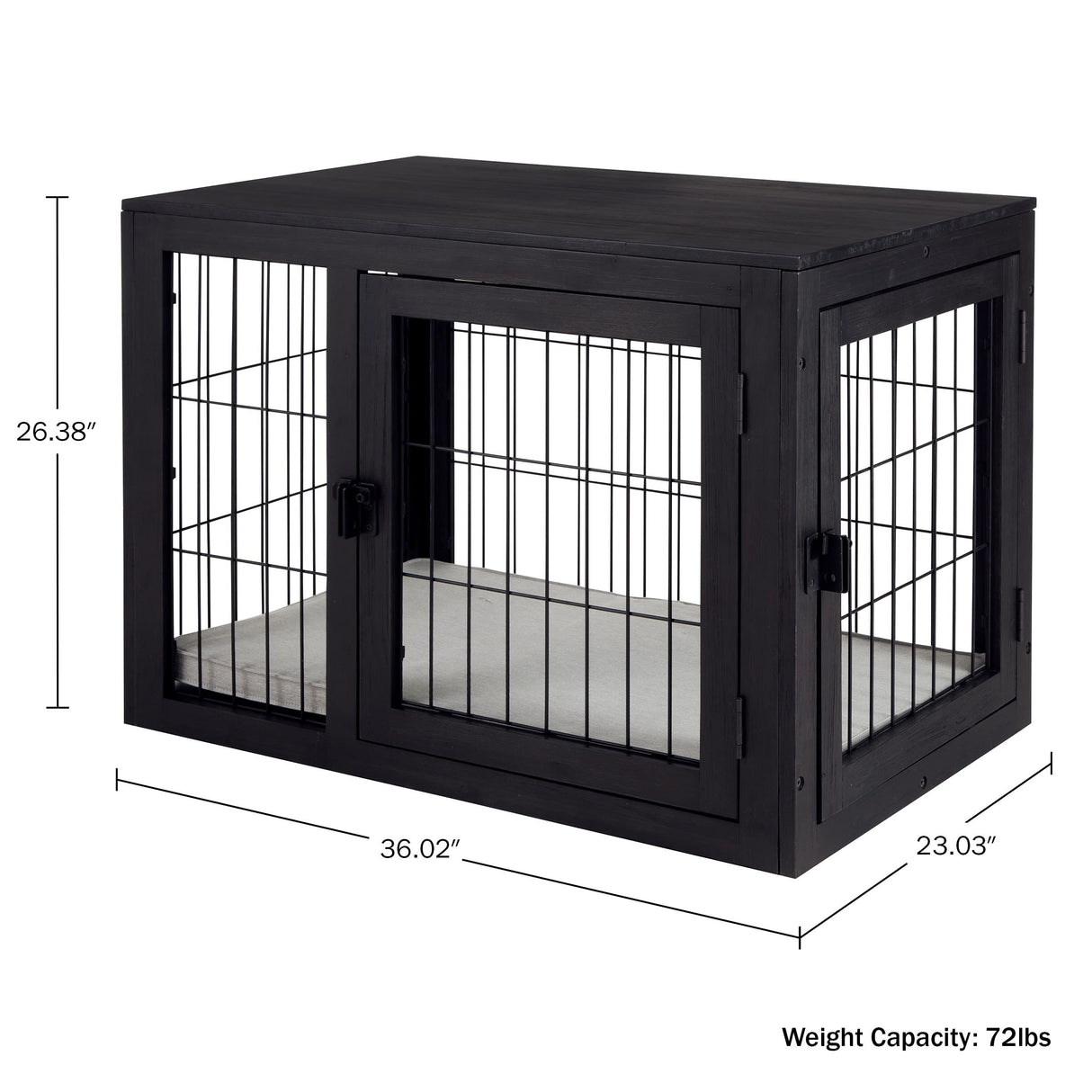Furniture-Style Dog Crate - Acacia Wood Kennel for Medium Dogs with Double Doors and Cushion - Dog Cage Furniture by PETMAKER (Black) PETMAKER