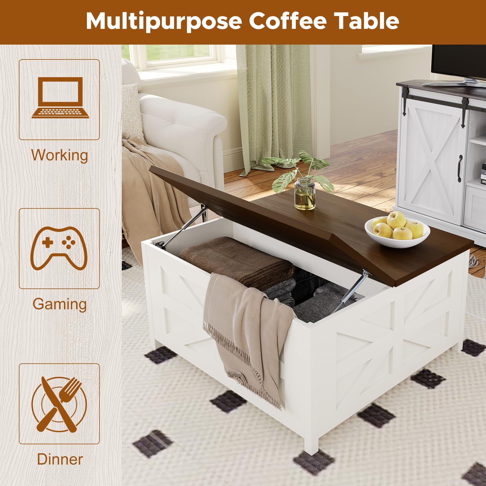 Melidee Farmhouse Lift Top Coffee Table - Wood Square Center Table with Hidden Storage Space, Charging Station & USB Ports, for Living Room, Home Office - 33.5" L x 33.5" W x 17.6" H - WoodArtSupply