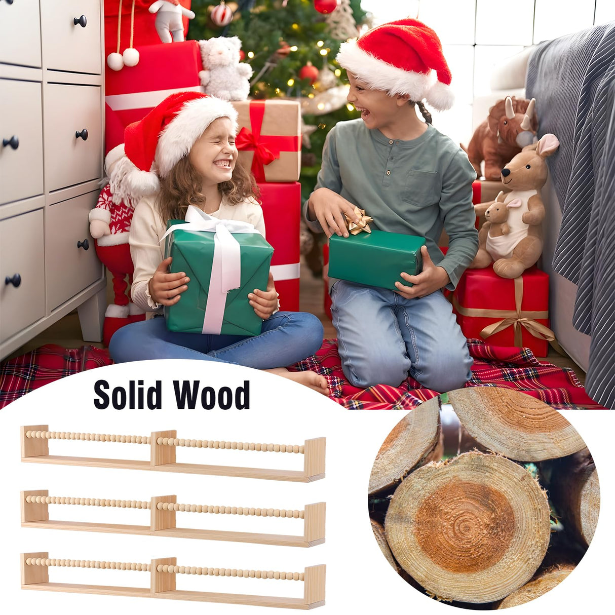 birola Nursery Book Shelves for Kids Rooms - 32 Inches Floating Wall Bookshelves Set of 3, Space-Saving Nursery Shelves with Beads Design for Kids Room, Bedroom and Study Room(Natural) birola