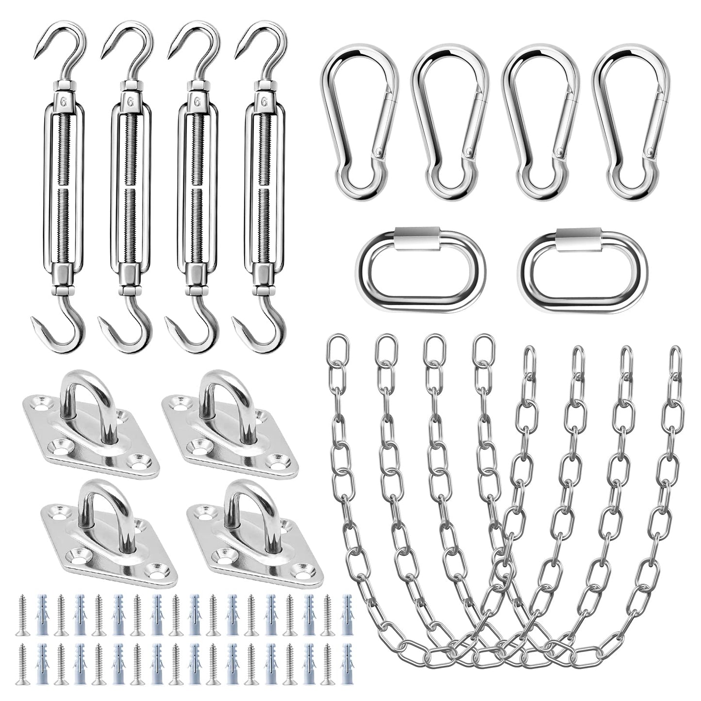 TooTaci Sun Shade Sail Hardware Kit Rectangle,304 Stainless Steel Hanging Chains 1M× 4pcs, 54pcs 6 inch Shade Sail Hardware Kit with Chains for Sun Sail Installation,Outdoor,Pergola,Patio Can - WoodArtSupply