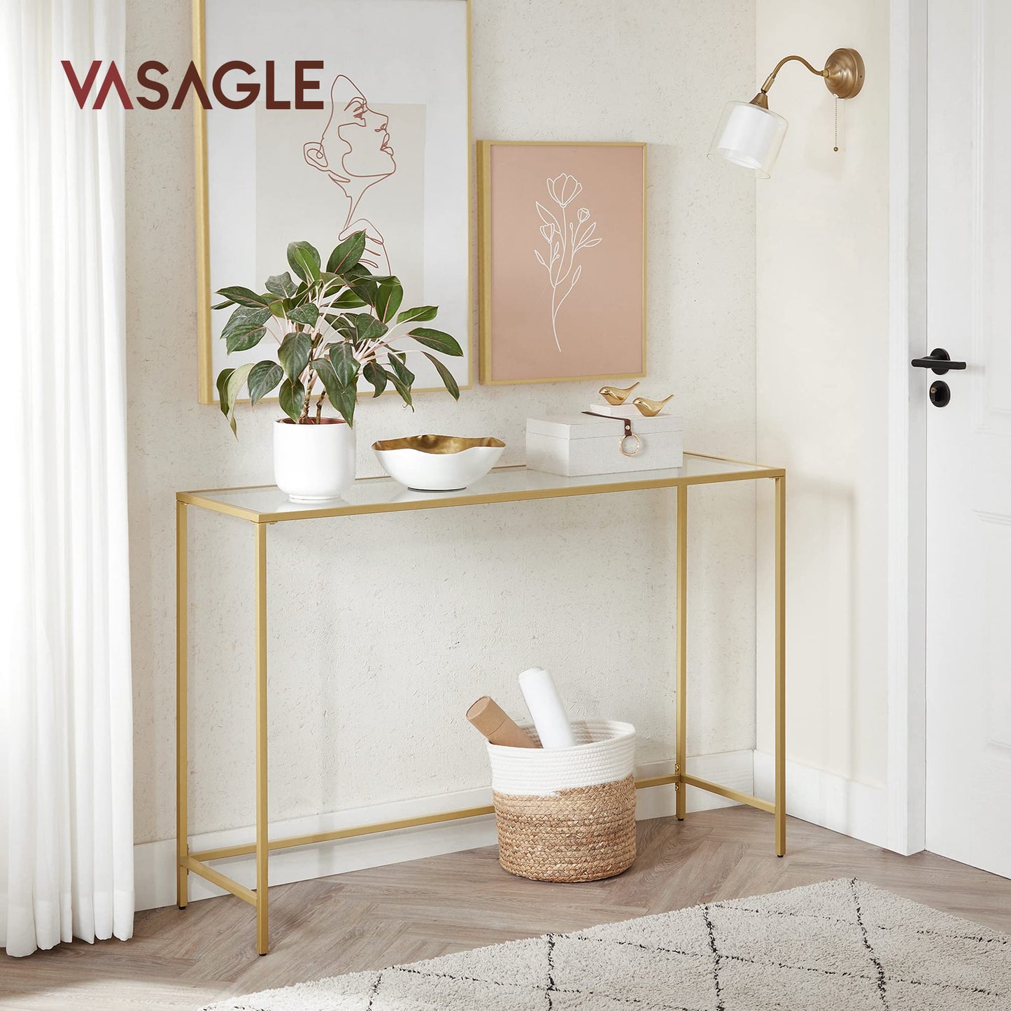 VASAGLE 47.2 Inches Console Table, Tempered Glass Sofa Table, Modern Entryway Table, Sturdy Metal Frame, Easy to Assemble, Adjustable Feet, for Living Room, Hallway, Gold Color ULGT036A01